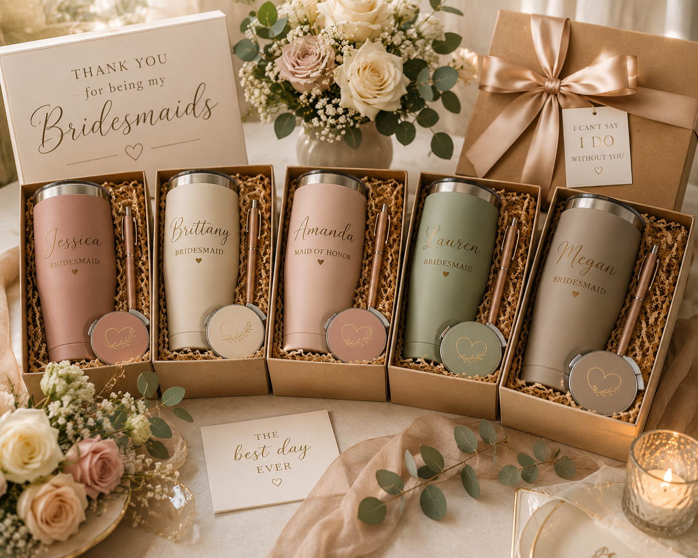 A collection of five personalized tumblers with metallic lids and matching pens, each labeled with a bridesmaid or roles like Maid of Honor, arranged in open boxes with shredded paper. There are floral arrangements, thank you signs, a gift box with a satin ribbon, and a candle on a decorated table, all in soft, neutral tones suitable for a wedding celebration.