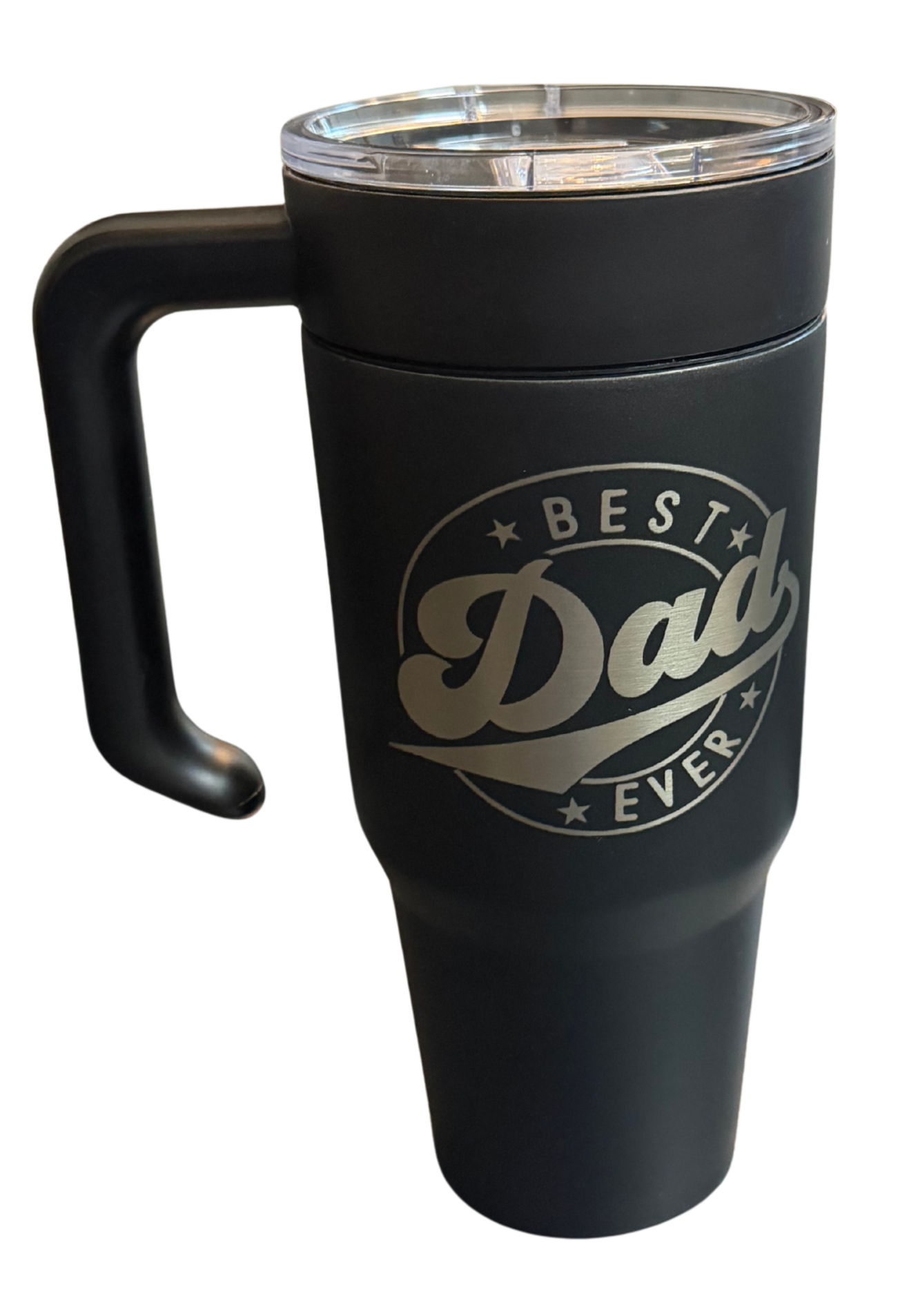 A black travel mug with a handle, featuring a silver logo that says 'Best Dad Ever'