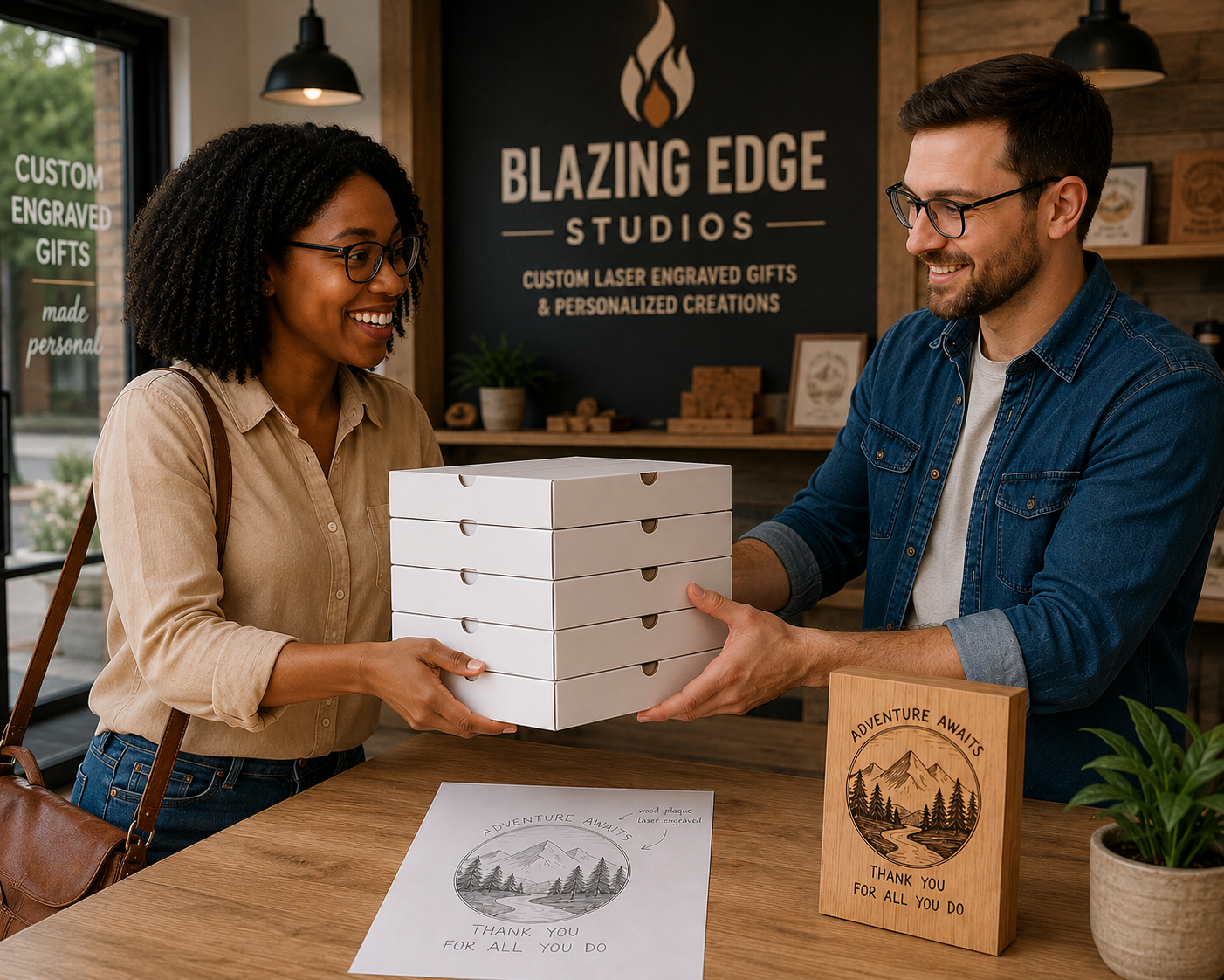 A woman and a man exchange a stack of six white boxes inside a gift shop named "Blazing Edge Studios" with a sign behind them. The shop offers custom laser engraved gifts and personalized creations. The woman wears a beige shirt and glasses, and the man wears a denim shirt and glasses, both smiling.
