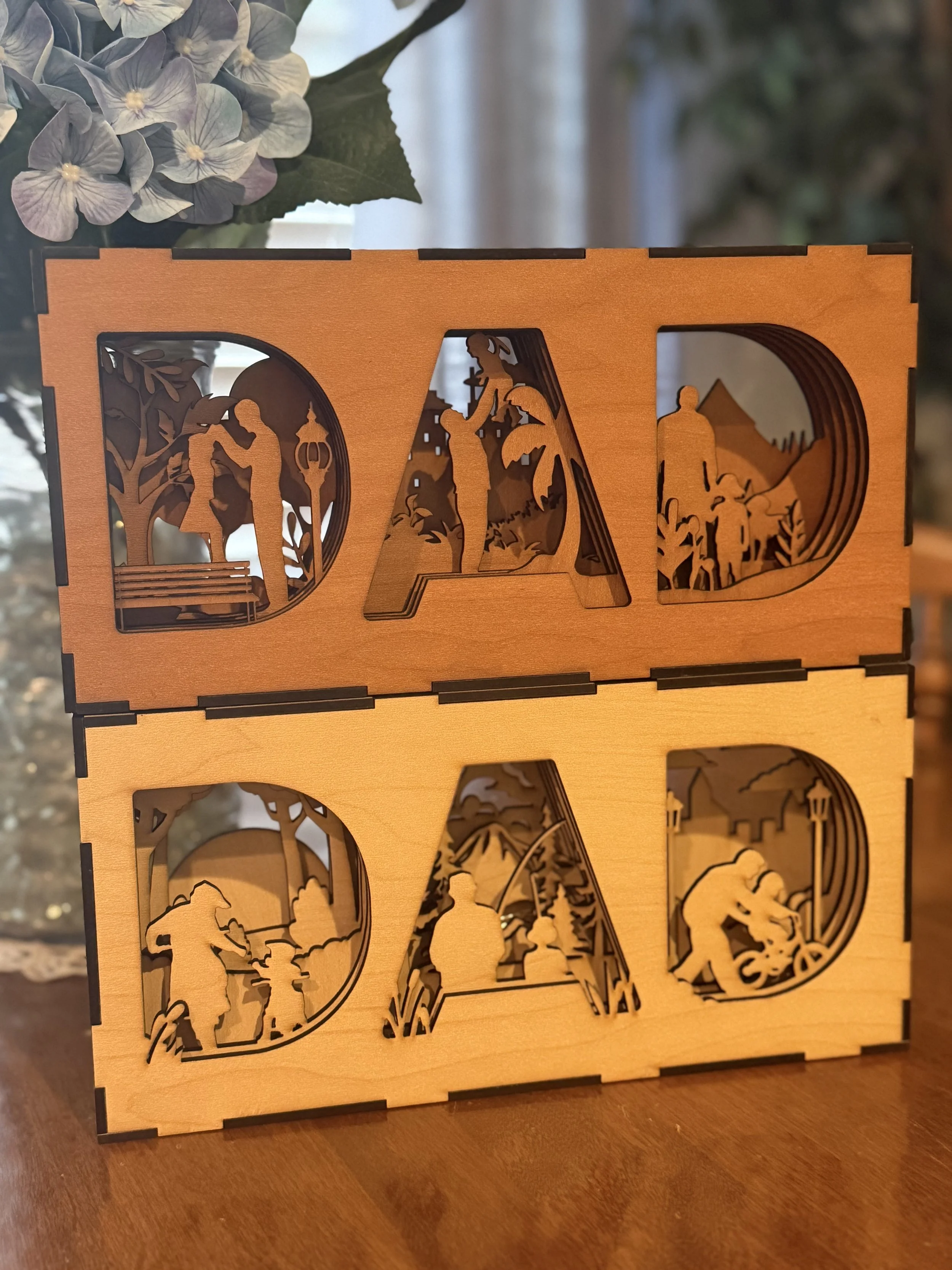 Celebrating DAD with personalized shadow boxes featuring vignettes from growing up with Dad. During memories into keepsakes, this includes a daughter version and a son version.