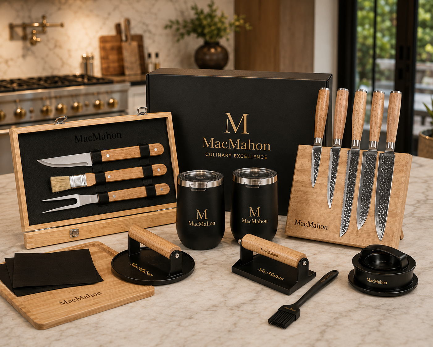 gourmet chef tools kitchen knives, grilling, and smash burger set