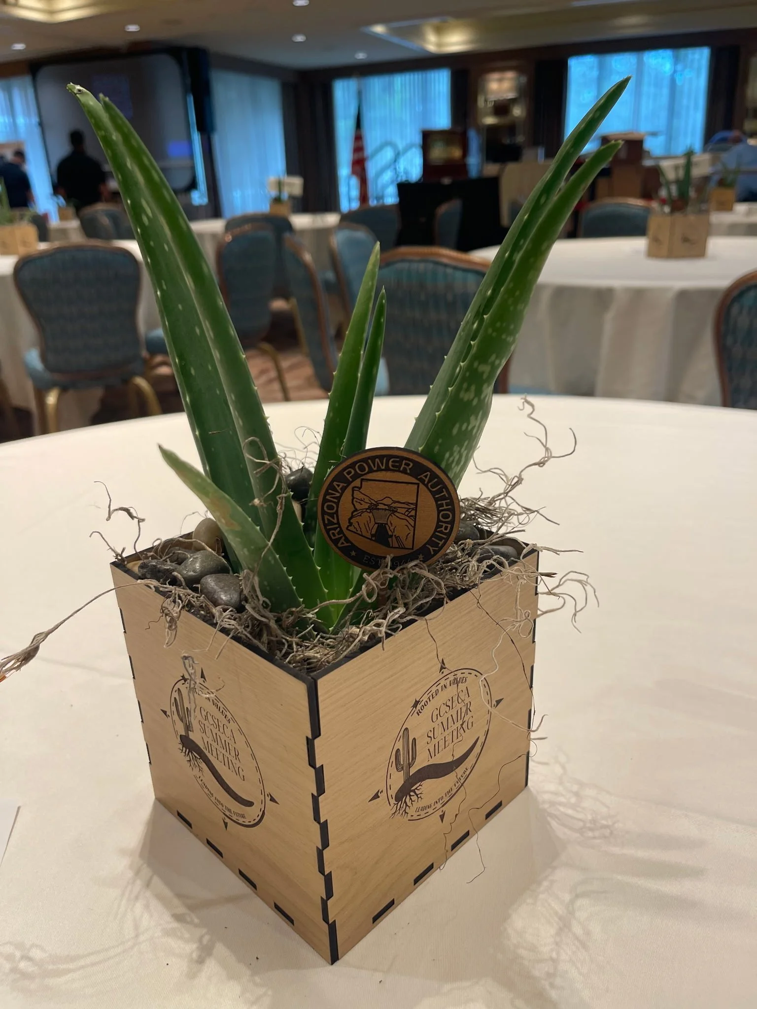This bespoke planter box was one of 28 created for the client’s summer association meeting, adorning the center of each table for conference participants. In addition to a engraved logo on each custom cut side of the cube, it also features a sponsore