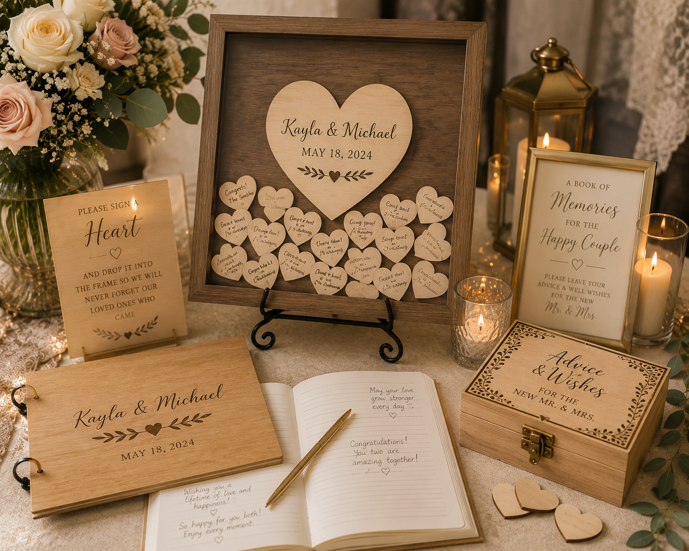 Wedding guestbook table display with wooden frames, hearts, candles, and floral arrangements, including a sign asking guests to leave advice and well wishes for the newlyweds Kayla and Michael on May 18, 2024.