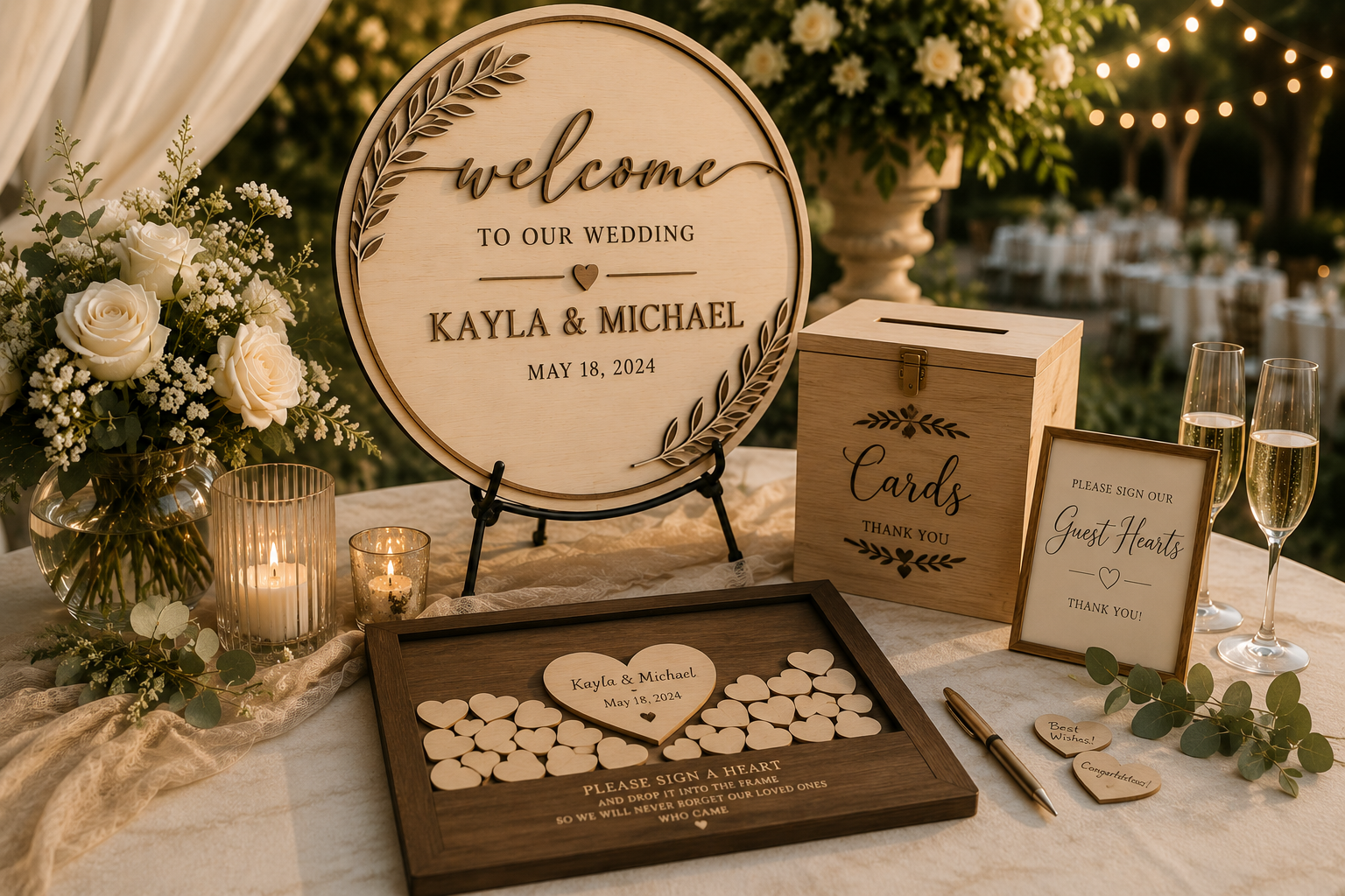 Wedding guest sign-in table with floral arrangement, candles, a wooden box for cards, a guest hearts sign-in sheet, and champagne glasses, set outdoors at dusk.