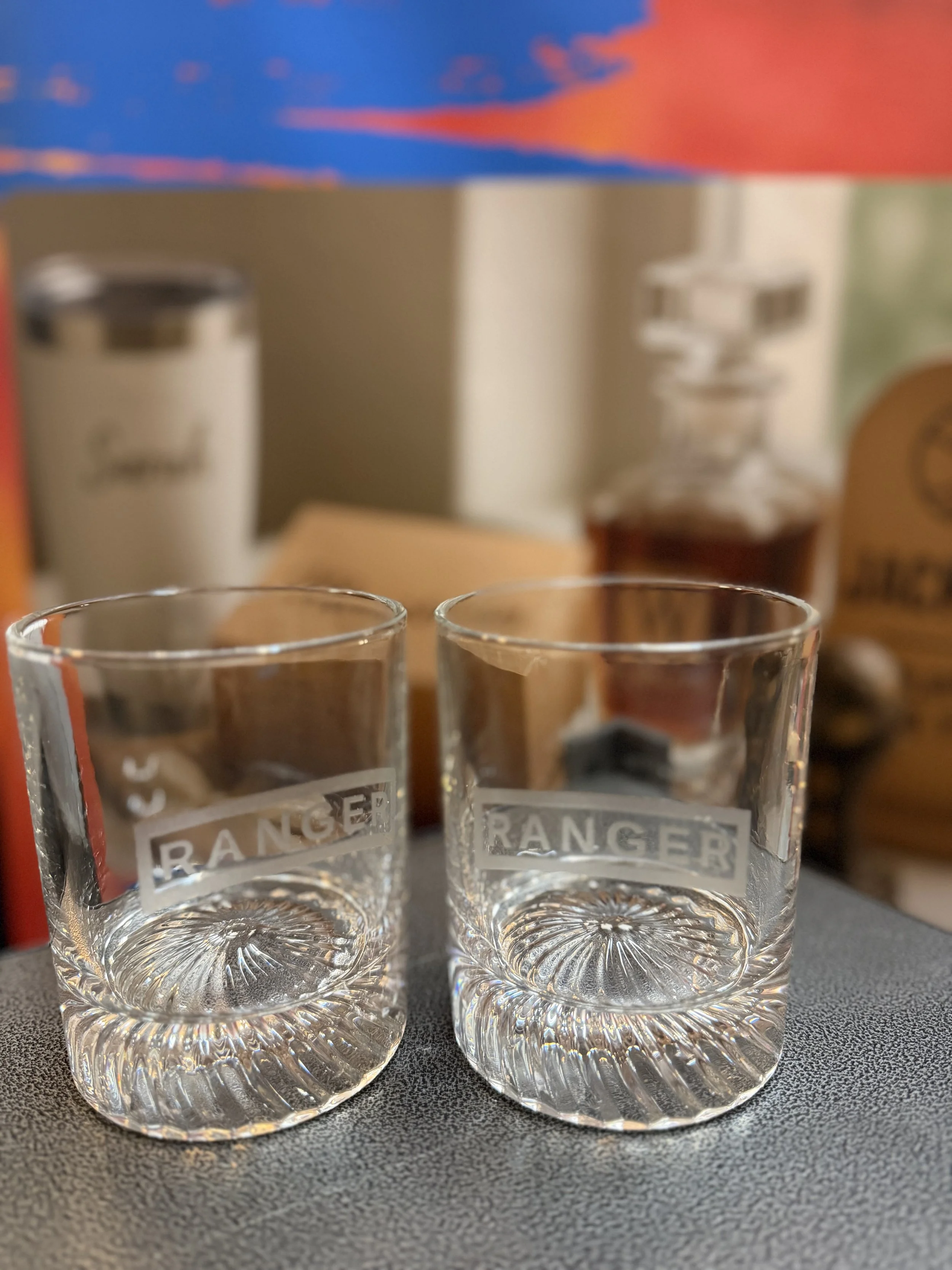 Whiskey rocks glasses engraved as a gift for a new Army Ranger