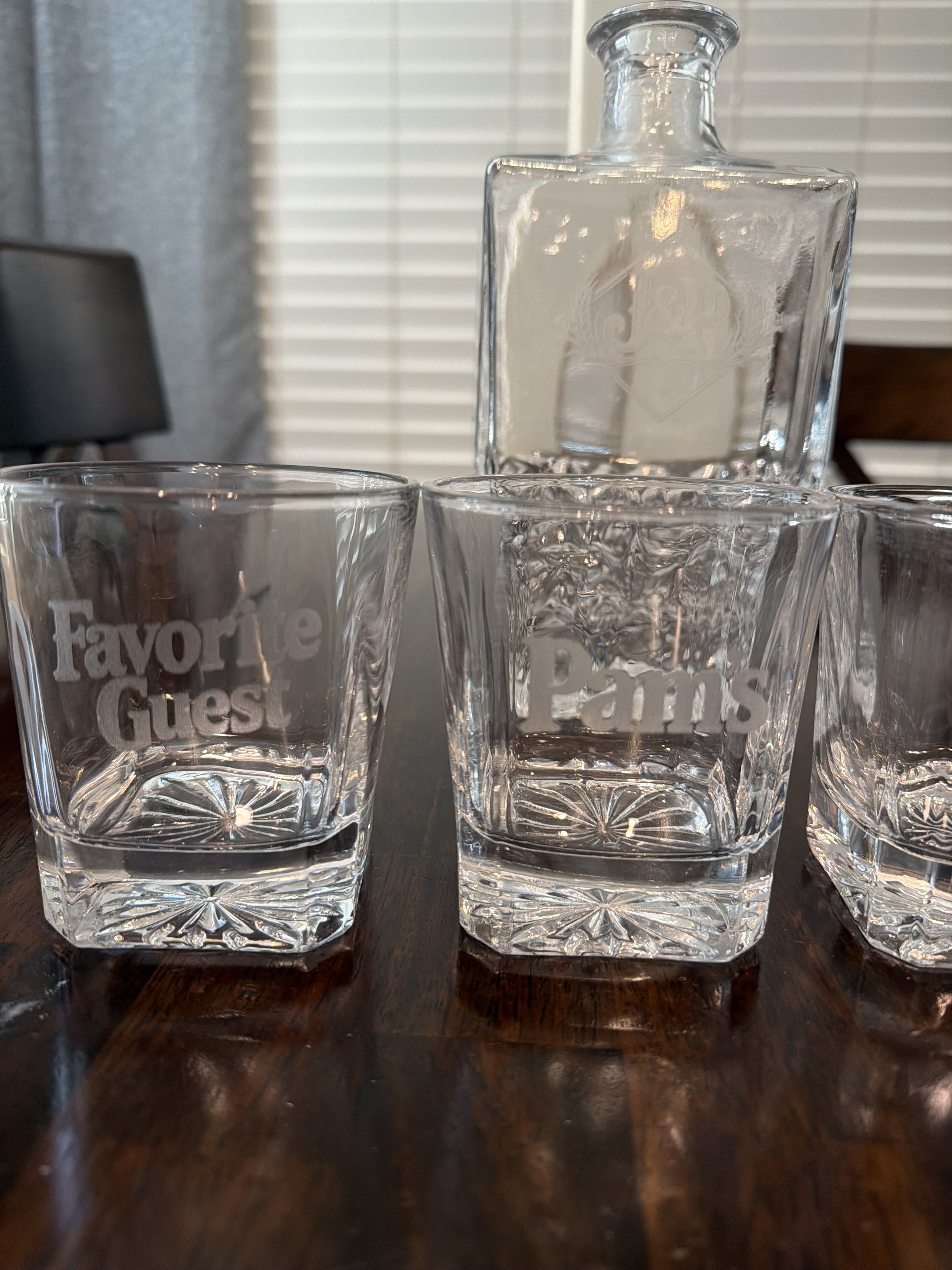 Custom rocks glasses for Pam and their Favorite Guest