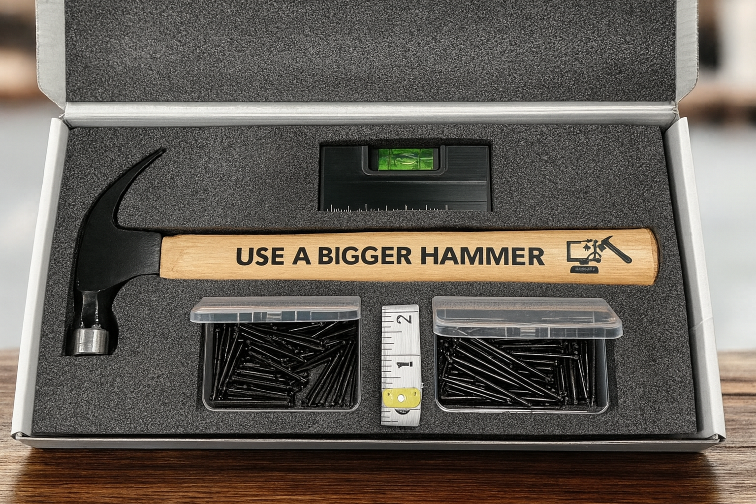This customer wanted a gift for the IT specialist in their life, and our 16 ounce hammer set customized with "Use a Bigger Hammer" and an image of a broken computer did the trick.