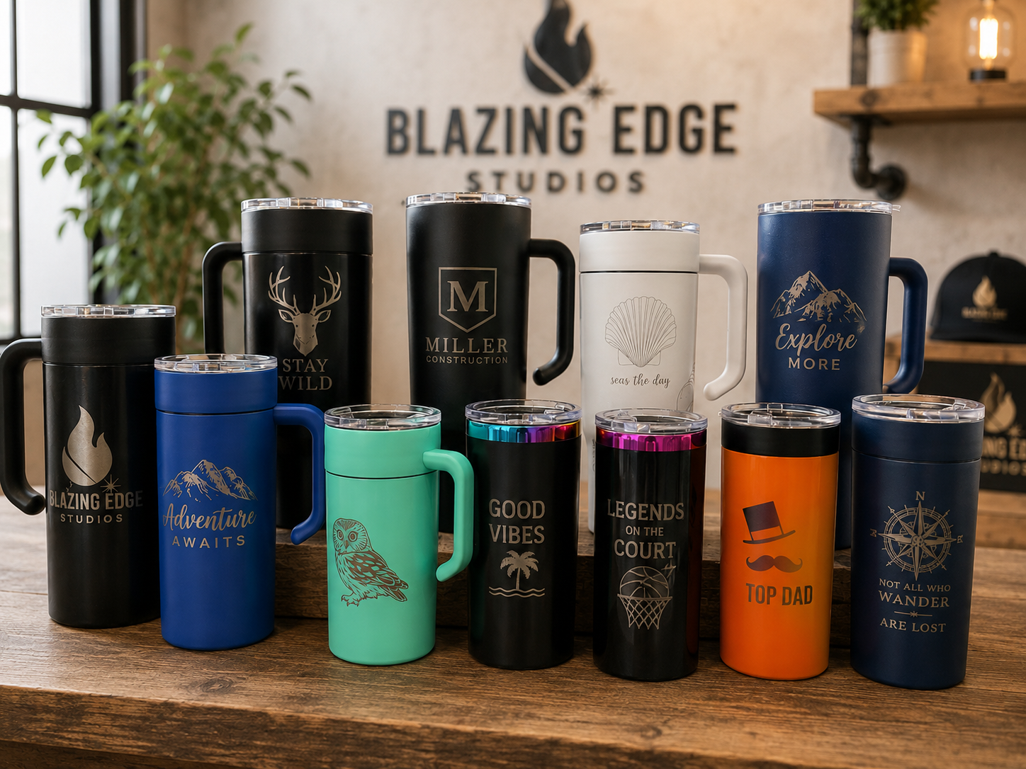 A collection of insulated travel mugs with various designs and motivational phrases on a wooden table, in front of a wall with the Blazing Edge Studios logo.
