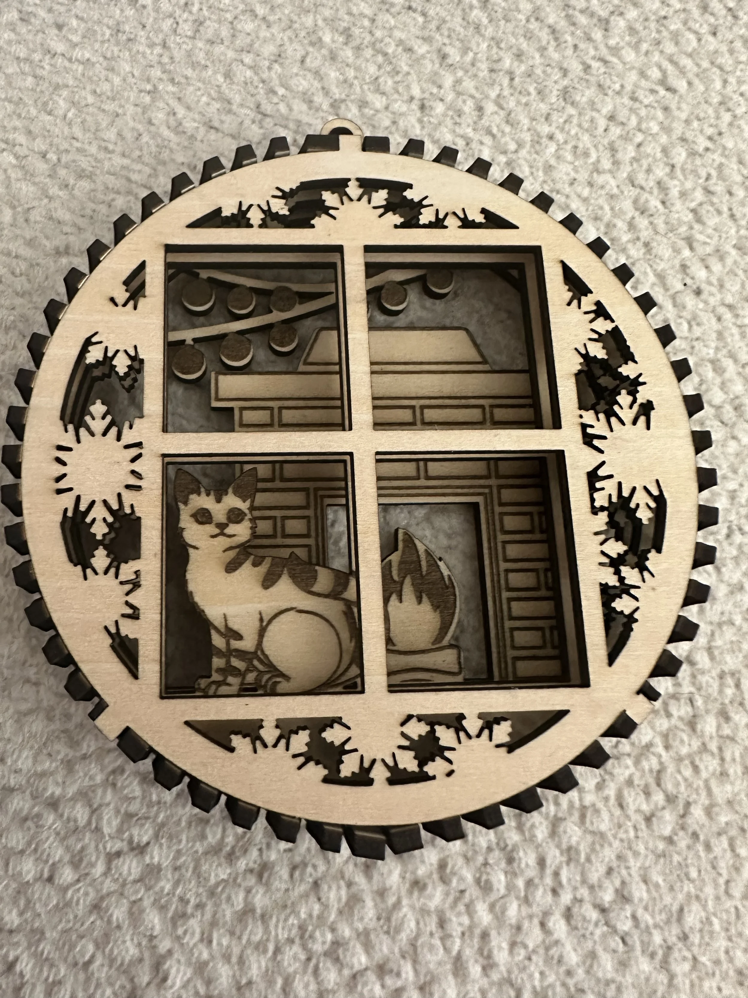 A circular wooden puzzle featuring a scene with a cat, a fireplace, and a musical instrument, surrounded by decorative snowflakes.
