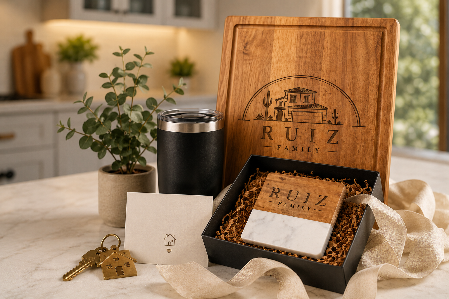 A decorative gift set with a wooden box labeled "RUIZ FAMILY," a black and wood tray with a matching "RUIZ FAMILY" card, a pair of gold house-shaped keys, a white card with a small house icon, a potted green plant, and a black tumbler on a kitchen countertop.
