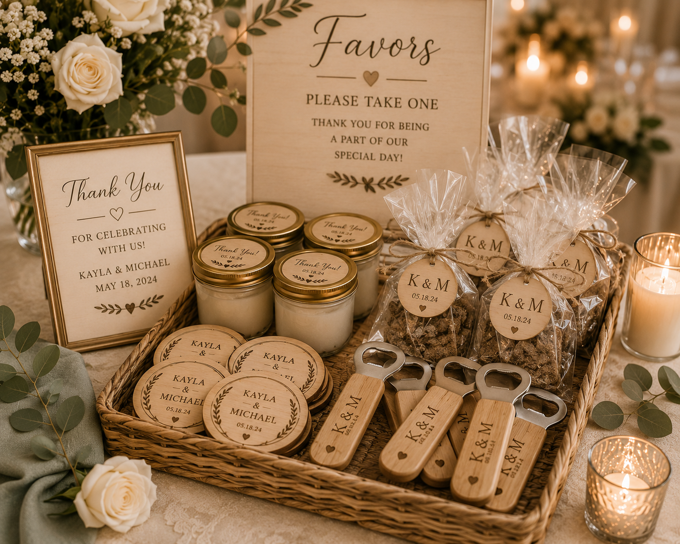 Wedding favor display with candles, cookies, bottle openers, and thank you signs, all personalized with the names Kayla and Michael and the date May 18, 2024, decorated with flowers and greenery.