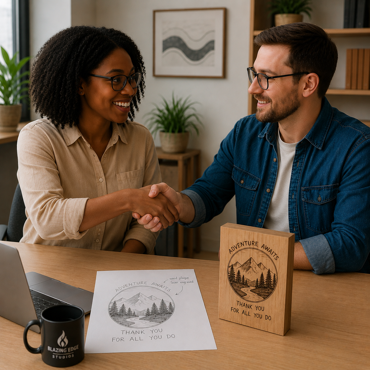 Two people shaking hands at a table during a business meeting, with a wooden plaque and printed logo that says "Adventure Awaits" and "Thank you for all you do."
