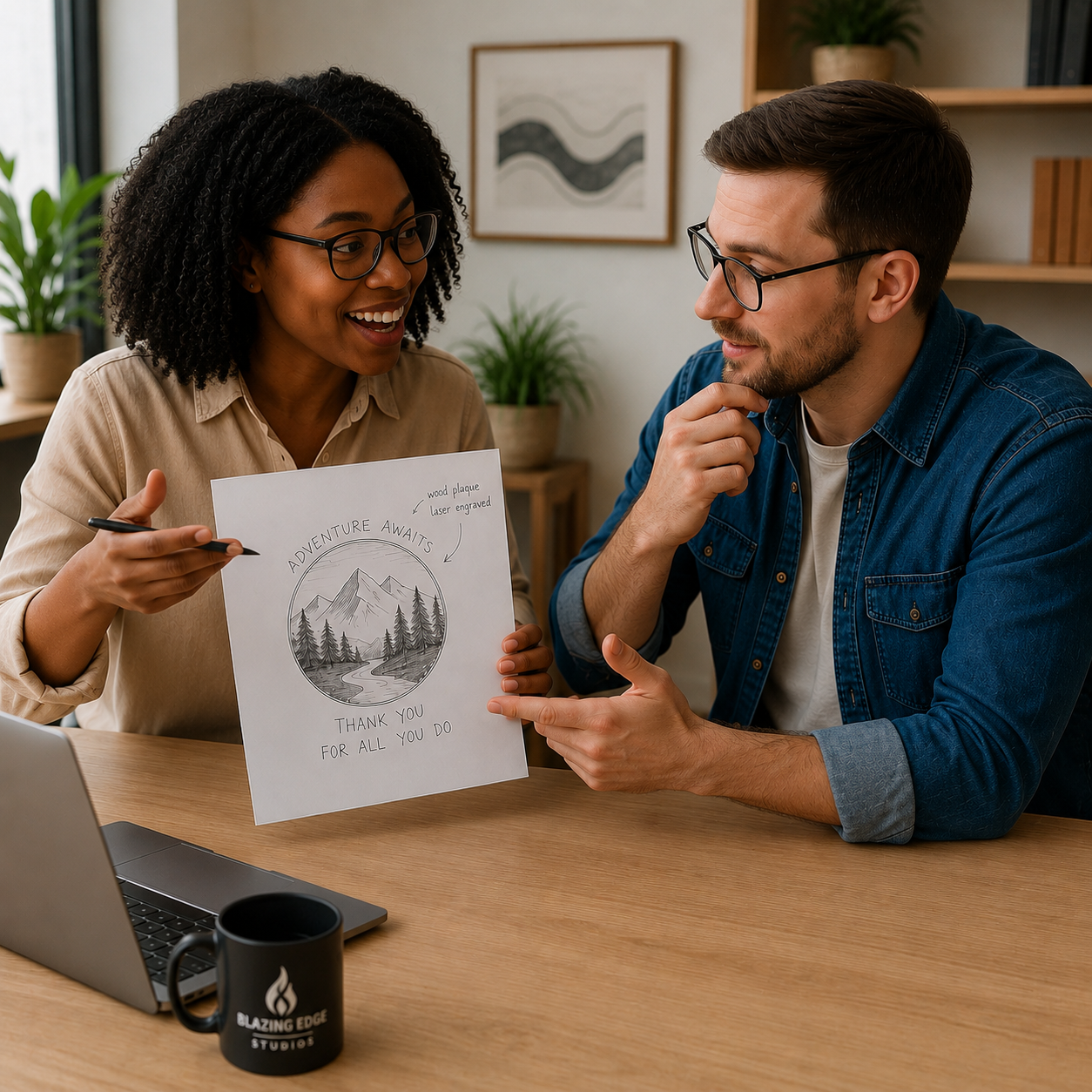 customer sharing her sketch with the team