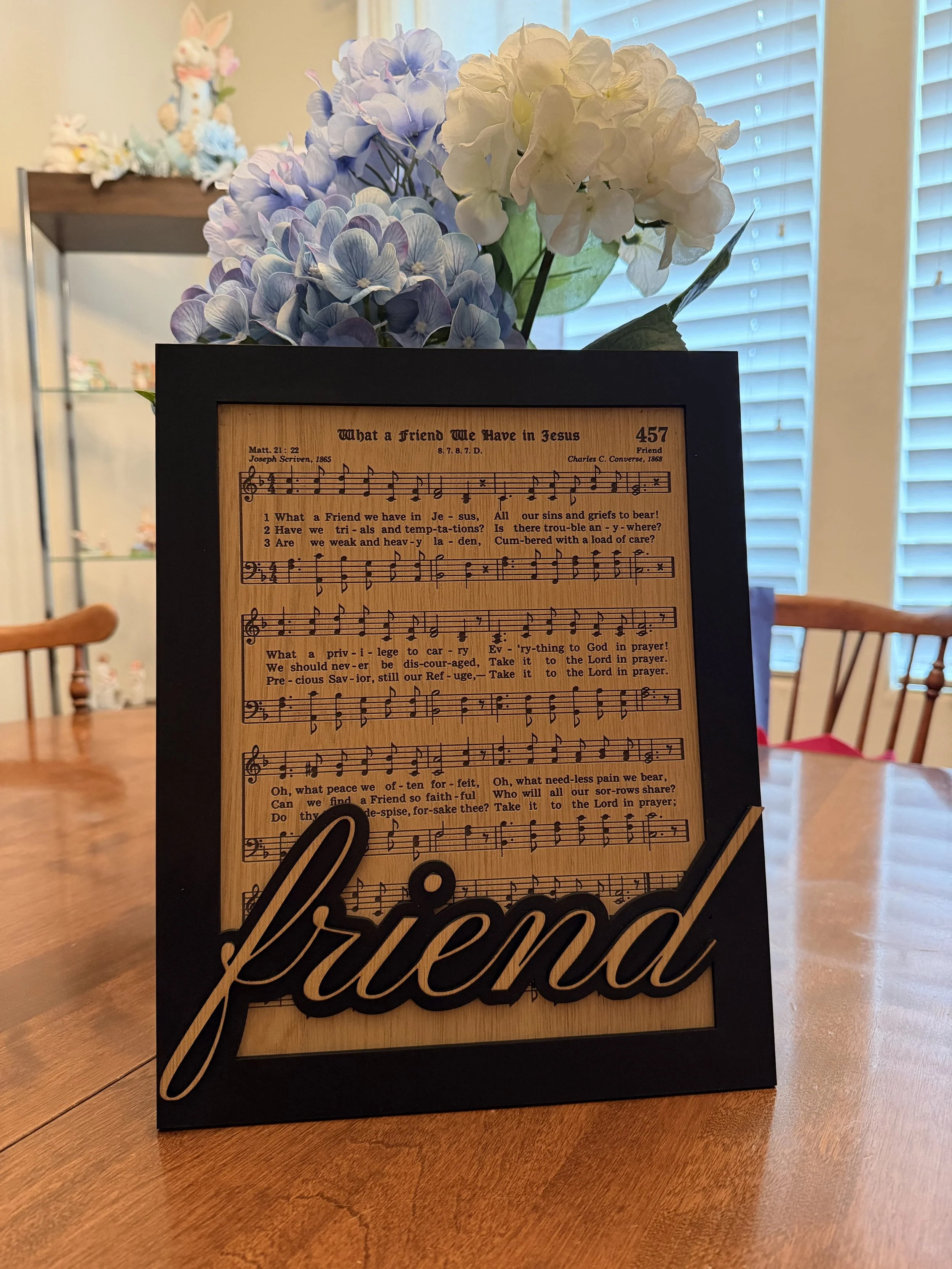 Bespoke retirement gift features the retiree's favorite hymn "What a friend we have in Jesus"