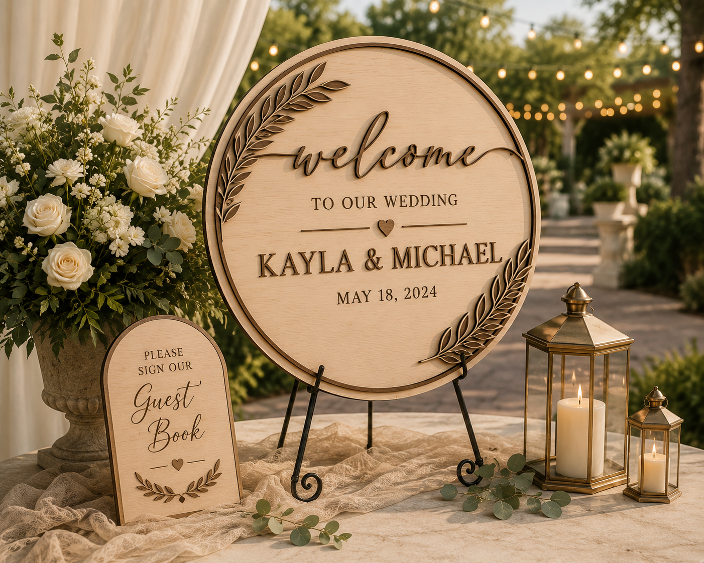A decorative wedding sign on a table with flowers, candles, and greenery, welcoming guests to Kayla and Michael's wedding on May 18, 2024.