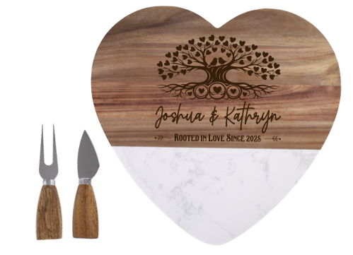 Heart-Shaped Marble & Acacia Wood Cheese Board Set