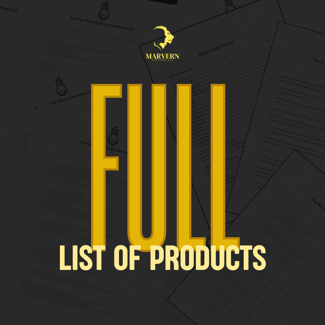 Full List of Checklists bundle from Marvern Ventures - complete set of real estate investor checklists covering acquisition, business setup, branding, management, remodeling, and sales
