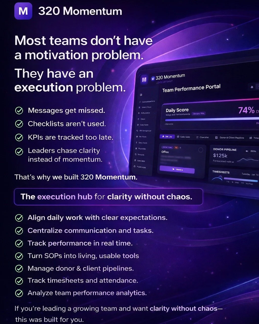 Your team isn&rsquo;t the problem.
Your systems are.

Great people. Strong vision.
Execution lost across too many tools.

320 Momentum pulls communication, performance analytics, donor and client pipelines, and timesheet tracking into one place&mdash