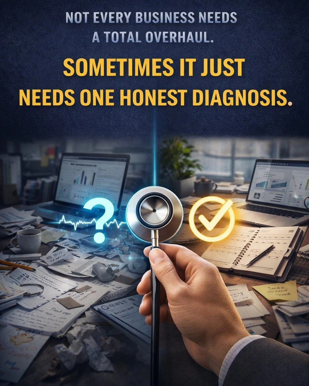 Not every business needs a total overhaul.
Sometimes it just needs one honest diagnosis.

What is actually slowing things down?

Not what sounds impressive.
Not what is easiest to blame.
Not what everyone has gotten used to tolerating.

Just the real