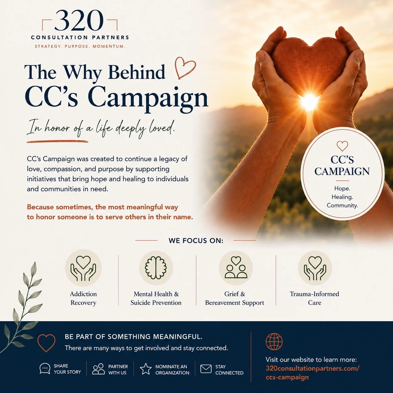 What a gift it is to honor a life by helping others.  If you haven't seen CC's Campaign yet, please take a look. 

Nominate an Organization

Share Your Story 

Partner With Us 

Stay Connected 

We want to hear from you! https://www.threetwentypartne