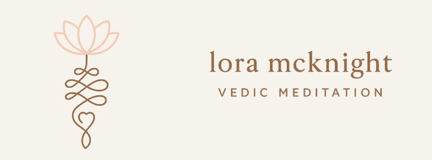 Website header with a minimalist lotus flower illustration and text reading 'lora mcknight VEDIC MEDITATION' in brown font on a cream background.