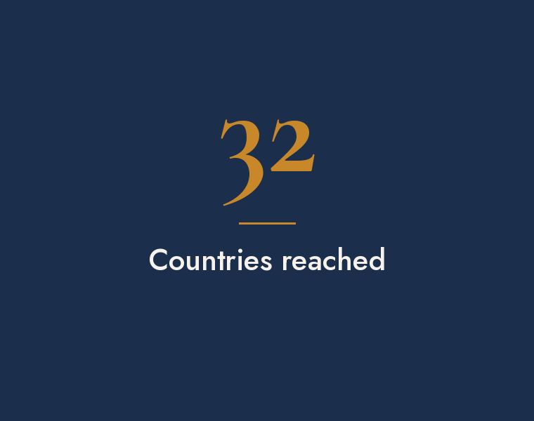 Text overlay showing '32 Countries reached' on dark blue background.
