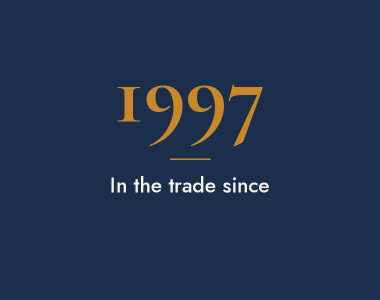 Image with the year 1997 in large gold font and the phrase "In the trade since" below in white font on a dark blue background.