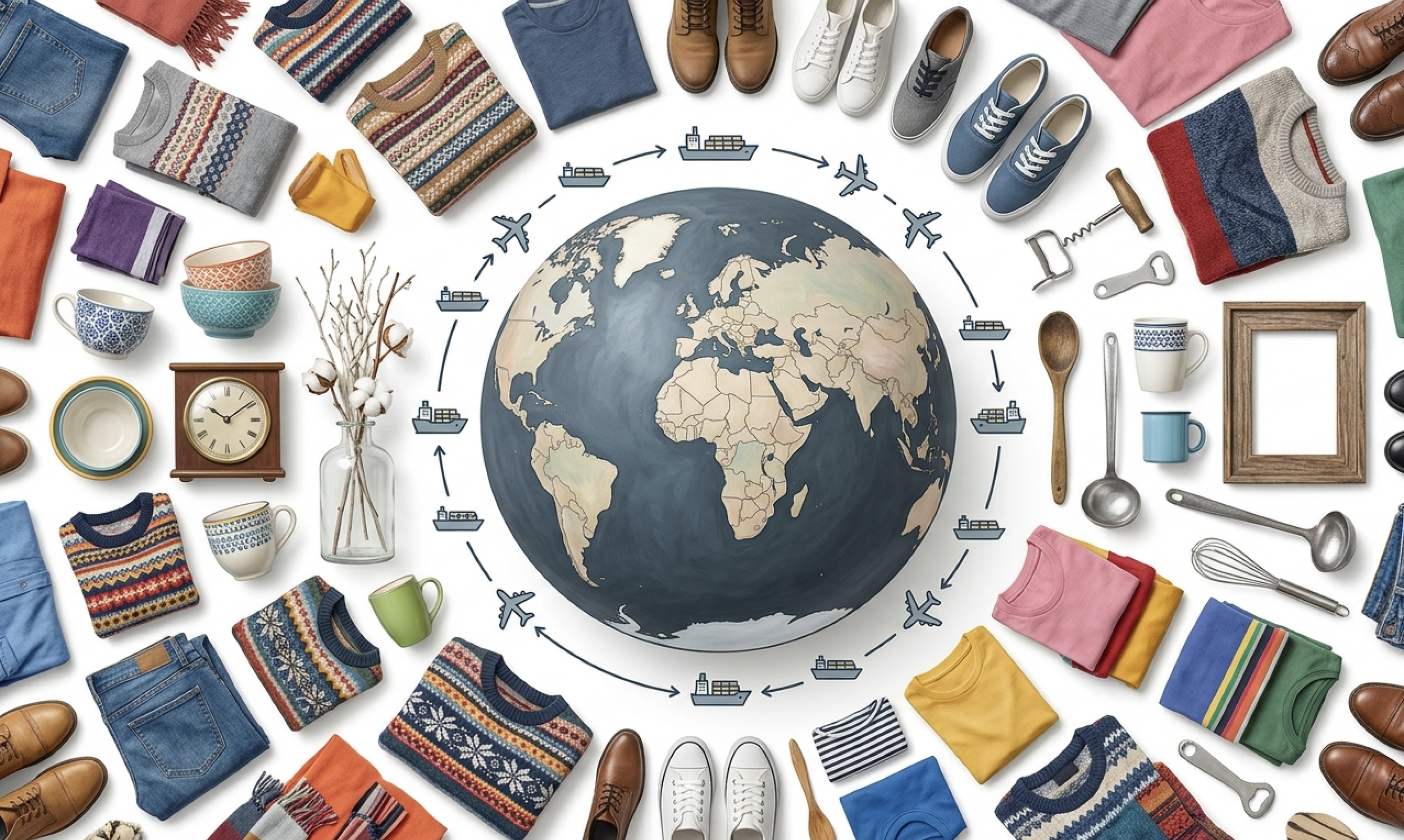 Used clothing, shoes, household goods and textiles arranged around a world map with shipping routes — exported worldwide by Fastex Global Trading