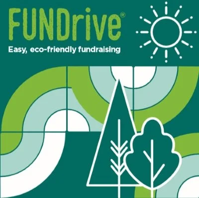 Graphic promoting FUNdrive, an eco-friendly fundraising event with a stylized sun, trees, and abstract landscape in green and white.