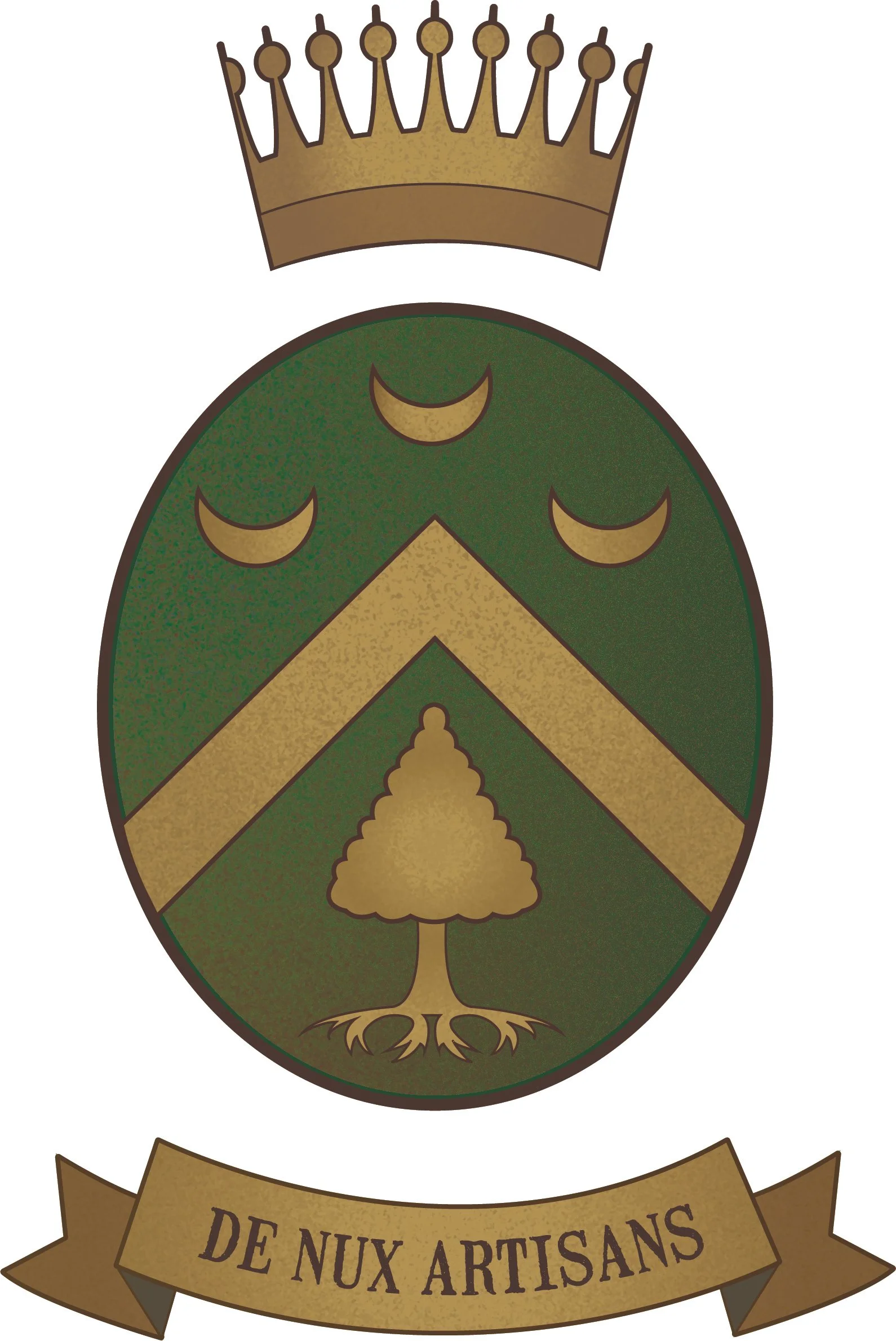 A heraldic emblem featuring a green shield with gold elements, topped with a gold crown. There is a banner below with the French words "DE NUX ARTISANS."