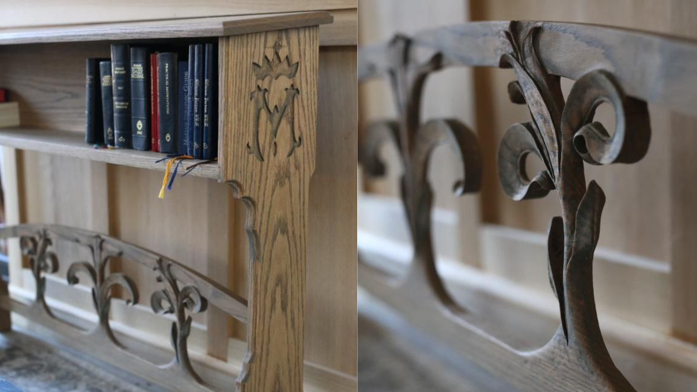 A wooden bookshelf with decorative metal scrollwork details, holding a few books, shown from two angles.