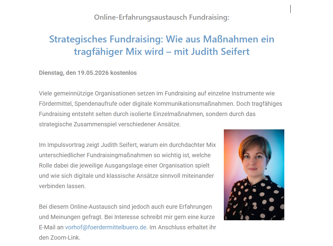 Online-Erfahrungsaustausch mit Friederike Vorhof vom Fördermittelbüro