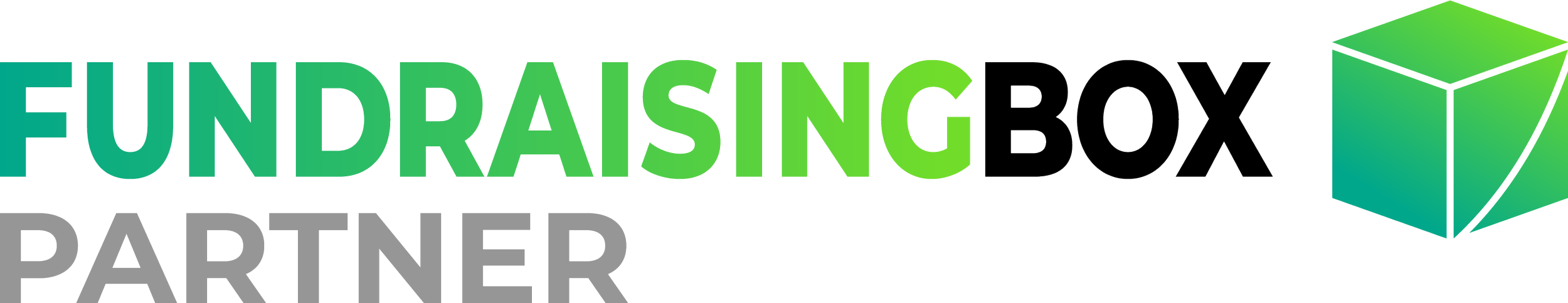 Logo der Fundraising-Box mit grüner Geschenkbox auf der rechten Seite