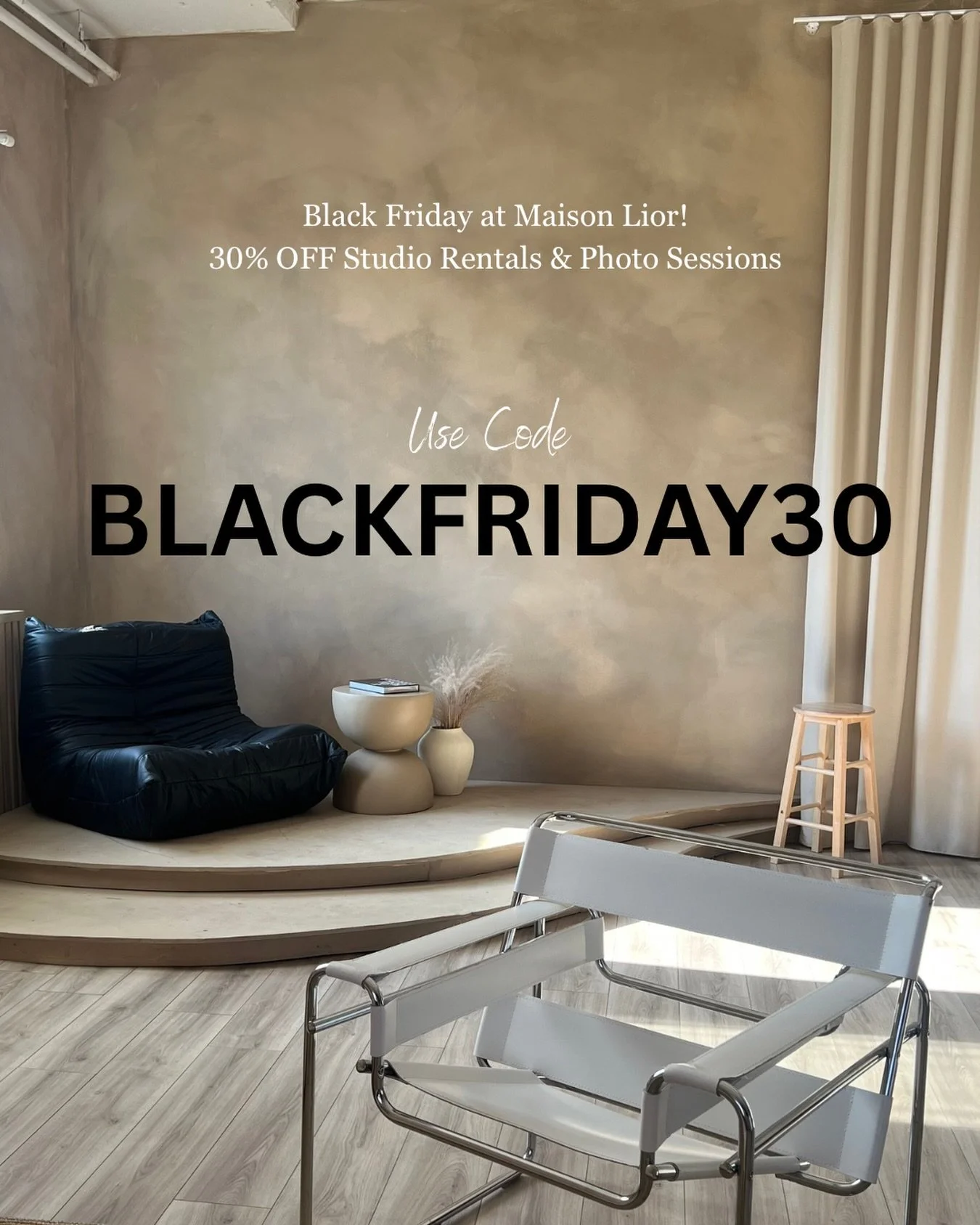 ✨ BLACK FRIDAY at Maison Lior ✨
For the first time ever, we&rsquo;re offering 30% OFF on:

📸 Studio Rental
📸 Photography Sessions

Whether you&rsquo;re planning a personal photoshoot, branding content, or renting the space for your own clients &mda