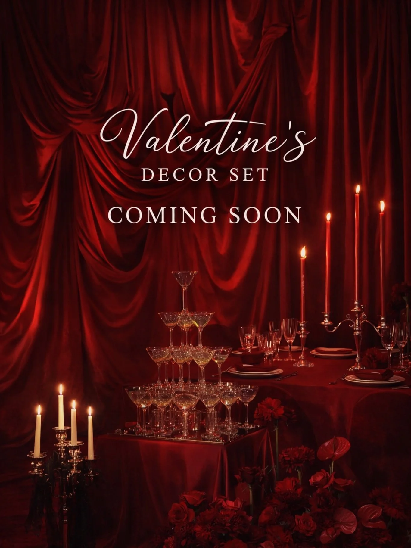 A new atmosphere is taking over the studio.

Layers of deep red fabrics, dramatic drapery, candlelight, and warm shadows. A set designed to feel cinematic, intimate, and timeless.

This Valentine&rsquo;s decor is an invitation to slow down, pose, and