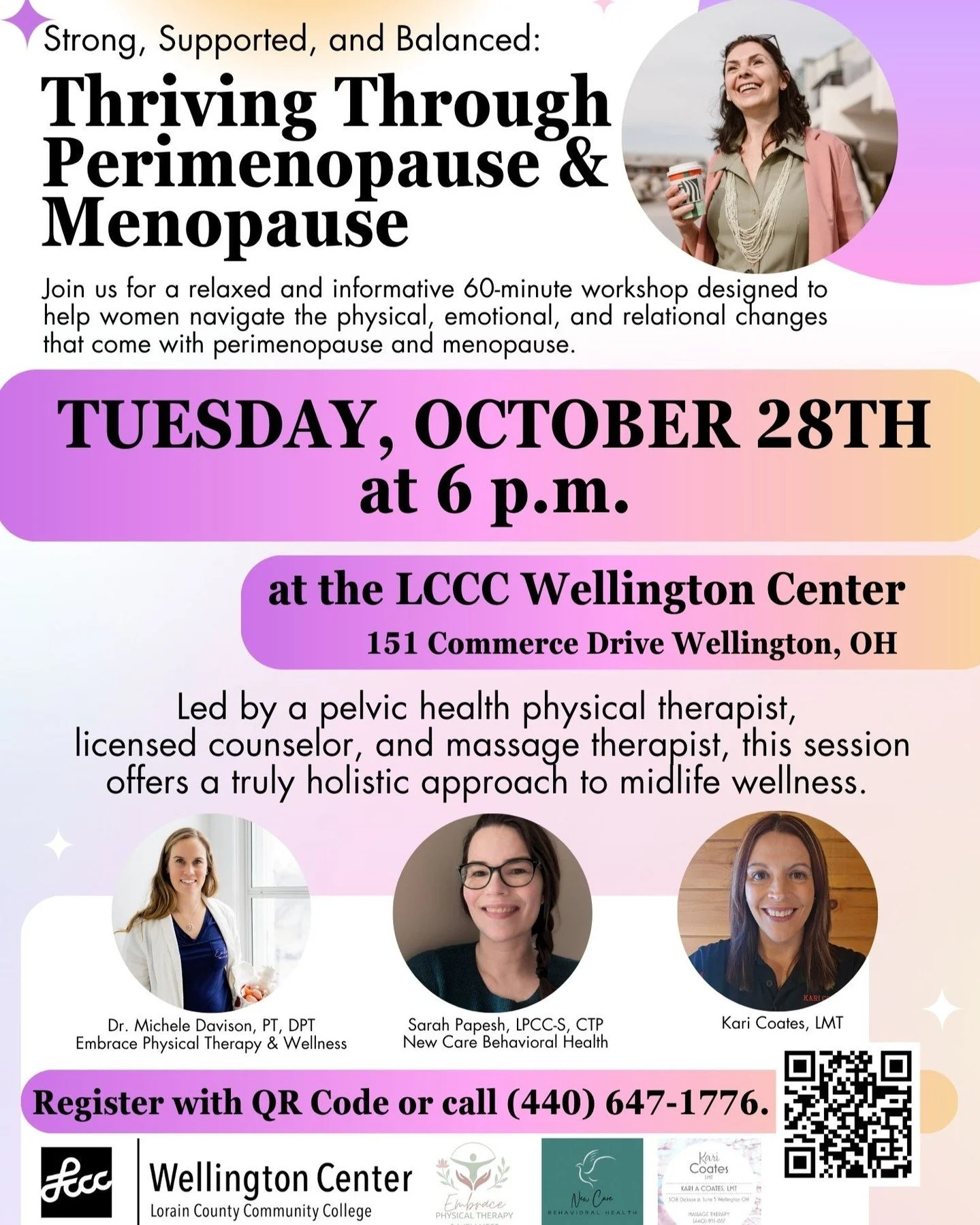 It's ✨World Menopause✨ month and in honor of that, we've put a little something together for you! 🤗 Join Sarah Papesh, LPCC-S, CTP, Kari Coates, LMT, and myself at LCCC on October 28th for a workshop helping you discover ways to thrive through #peri