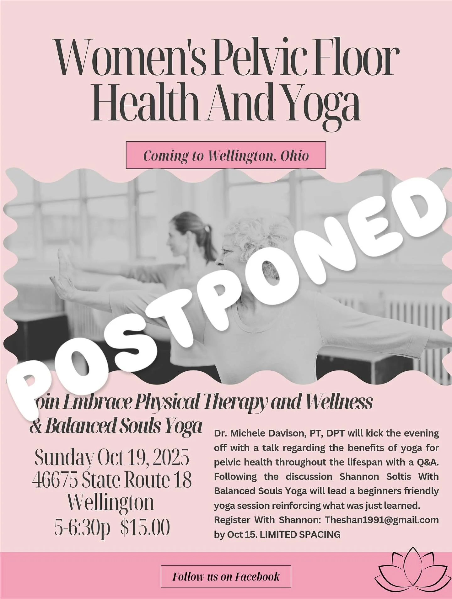 Tonight&rsquo;s pelvic health and yoga class is postponed. Our sincerest apologies.  Stay tuned for a date in November!