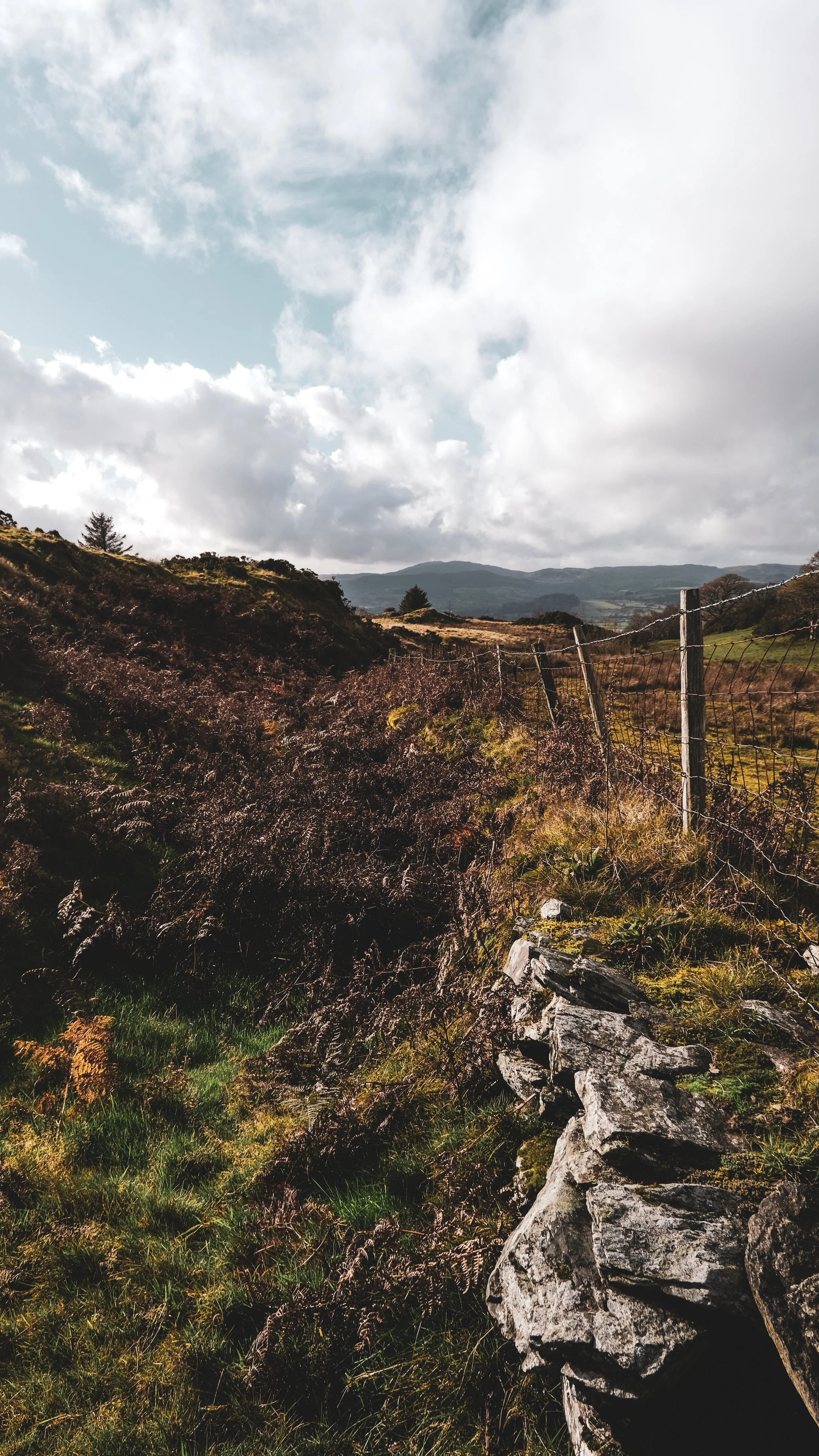 Scenic view of a hilly landscape with a wire fence, green grass, and rocks in the foreground, cloudy sky above.