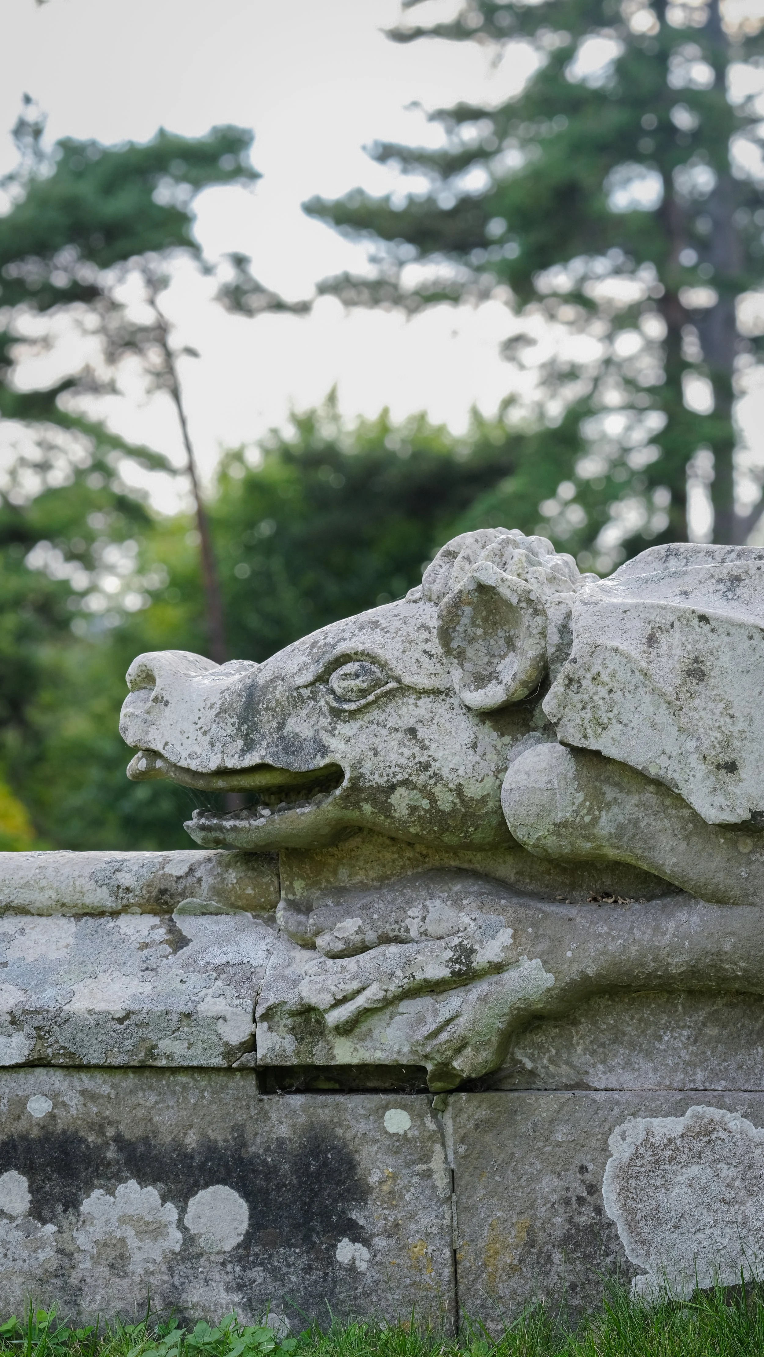 Stone sculpture of a dragon's head with detailed features, set outdoors with a background of green trees and cloudy sky.
