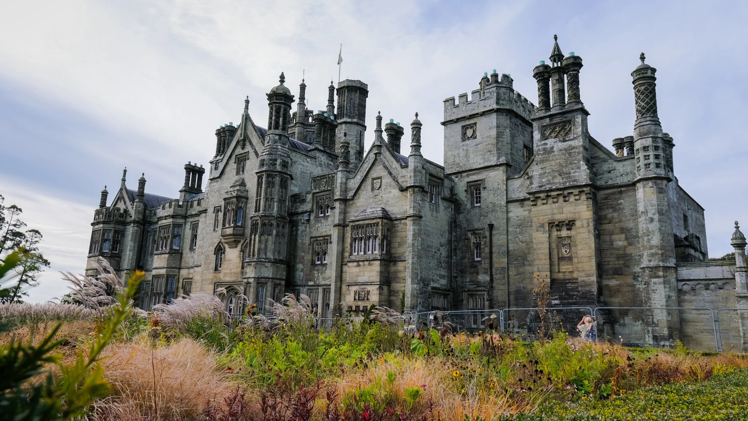 A large, historic castle with multiple towers, turrets, and ornate architectural details, surrounded by a garden with tall grasses and plants.