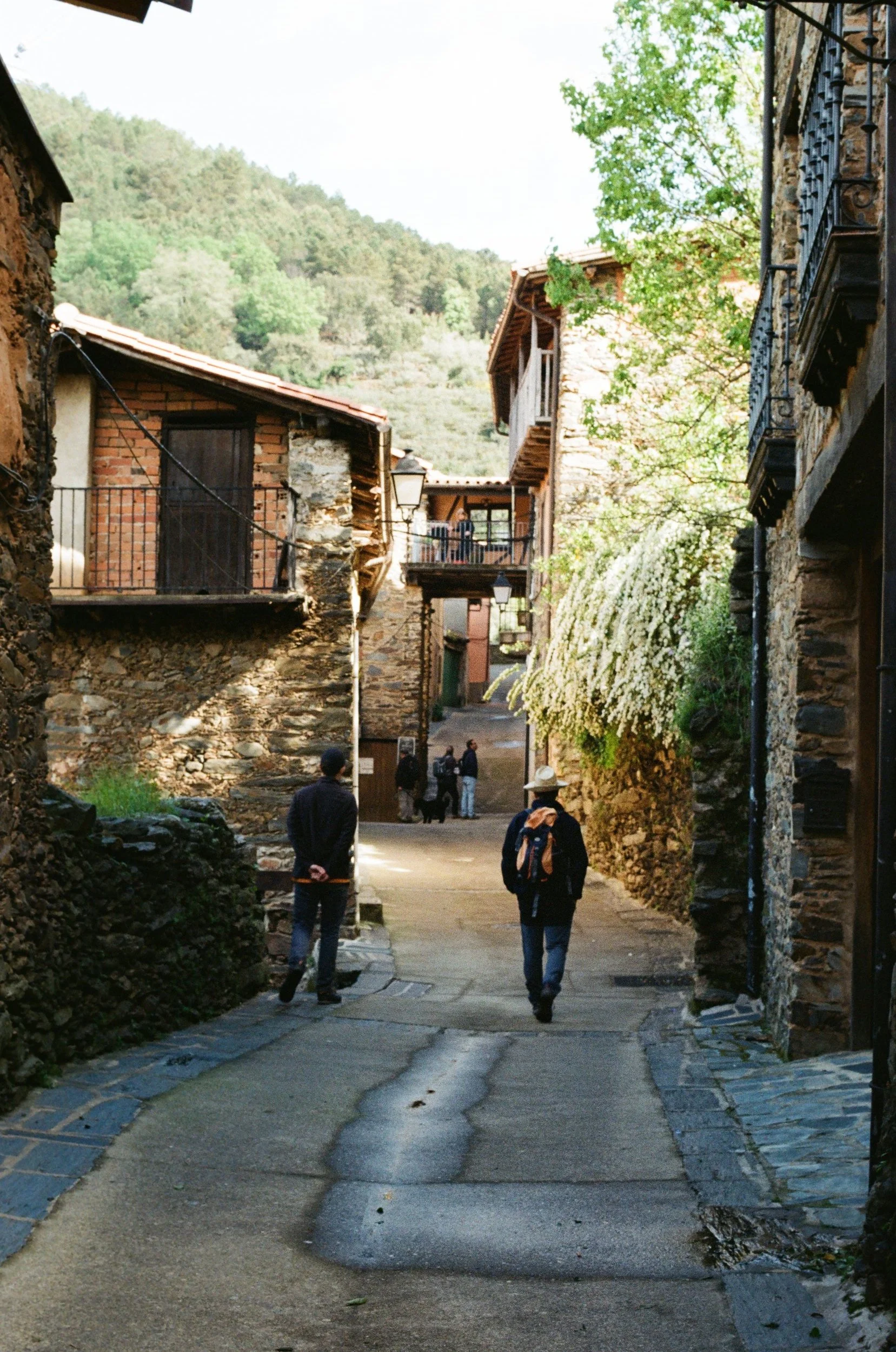 A narrow street in a small European village with stone and brick houses, some with balconies, surrounded by green trees and a mountain in the background, with a few people walking.