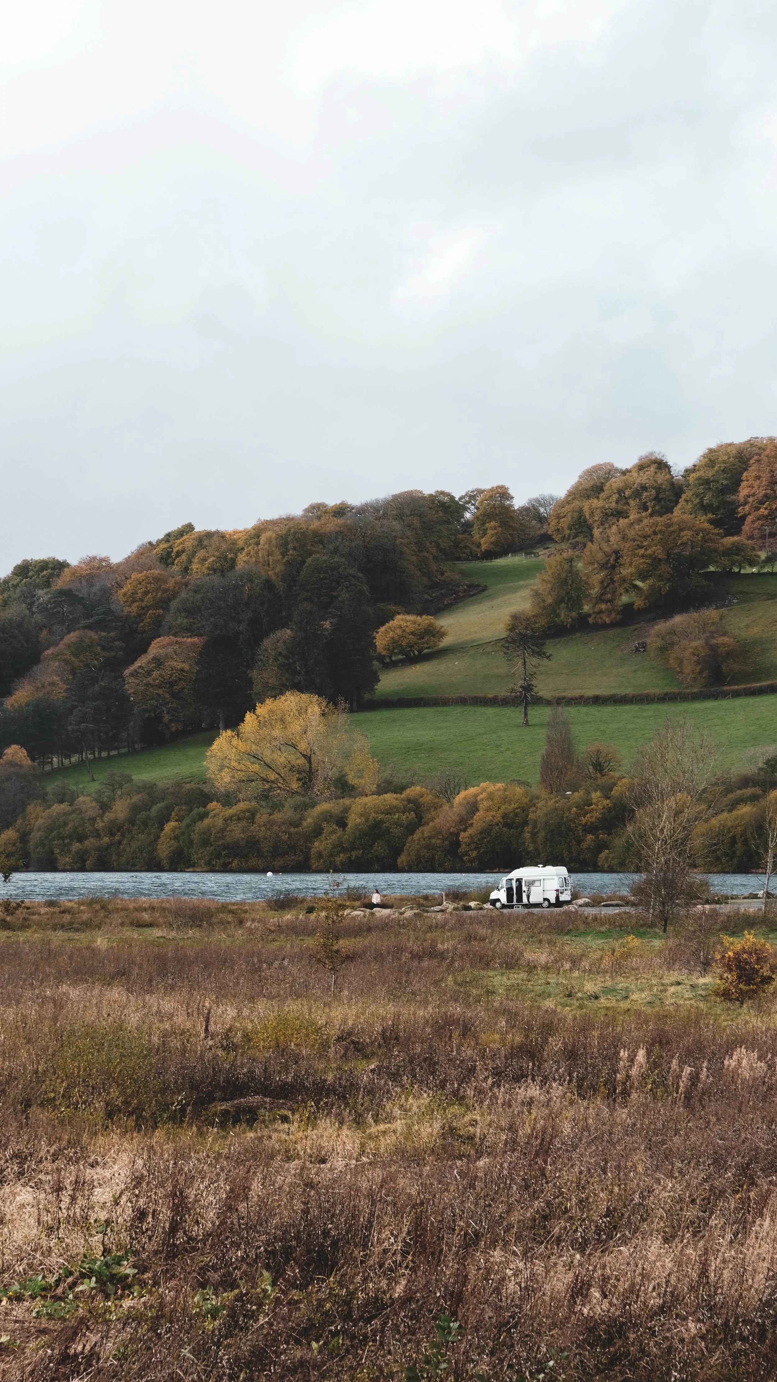 A scenic landscape of rolling hills with trees in fall colors, a body of water, and a white camper van parked near the water's edge.