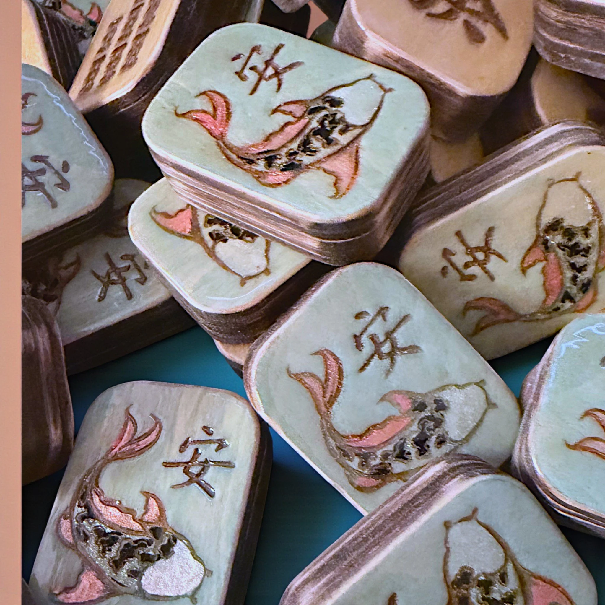 Koi Fish – Handcrafted Hand-painted Wood Mahjong Tiles