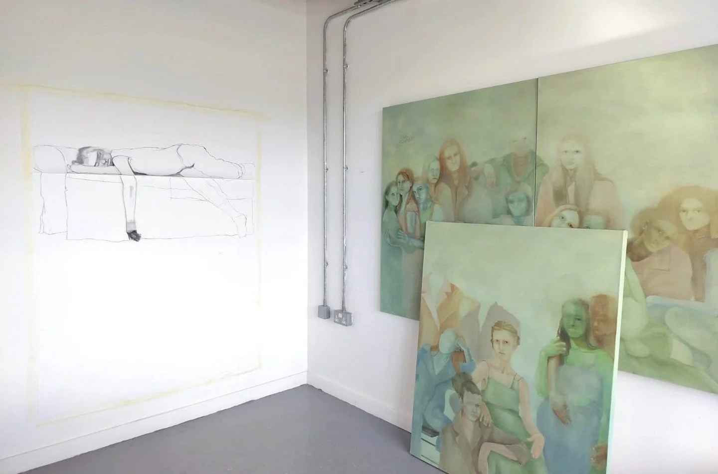 Studio views today...

As this three-panel work slowly approaches its final stages, with the last figures and background passages beginning to come together, I&rsquo;ve also started composing the next multi-panel sketch in the studio.

Excited to beg