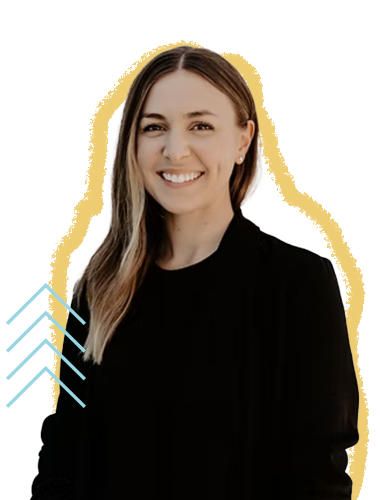 Portrait of a woman with long brown hair wearing a black top, smiling against a colorful abstract background.