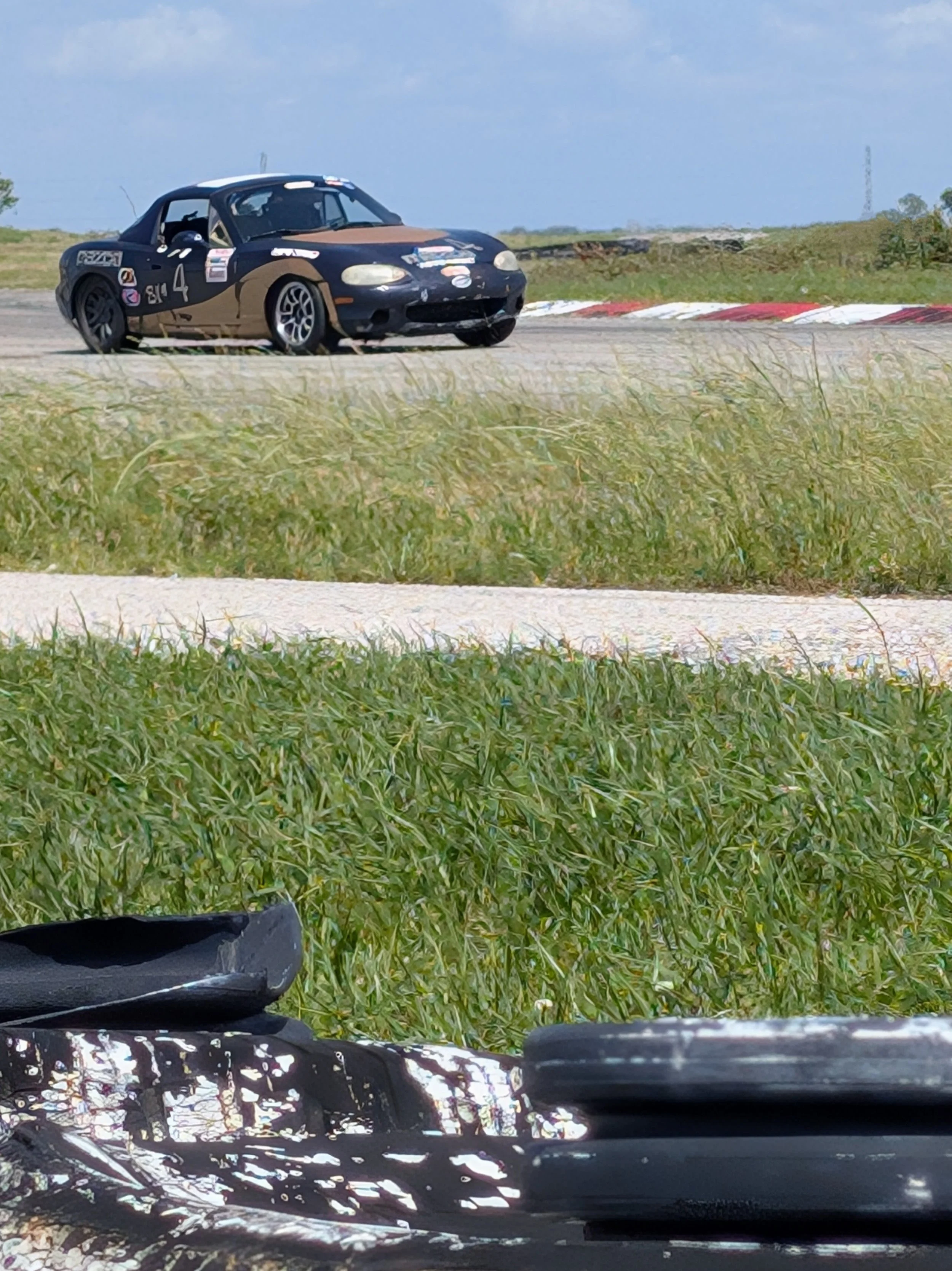 A race car on a track, seen through tall grass with a bicycle in the foreground