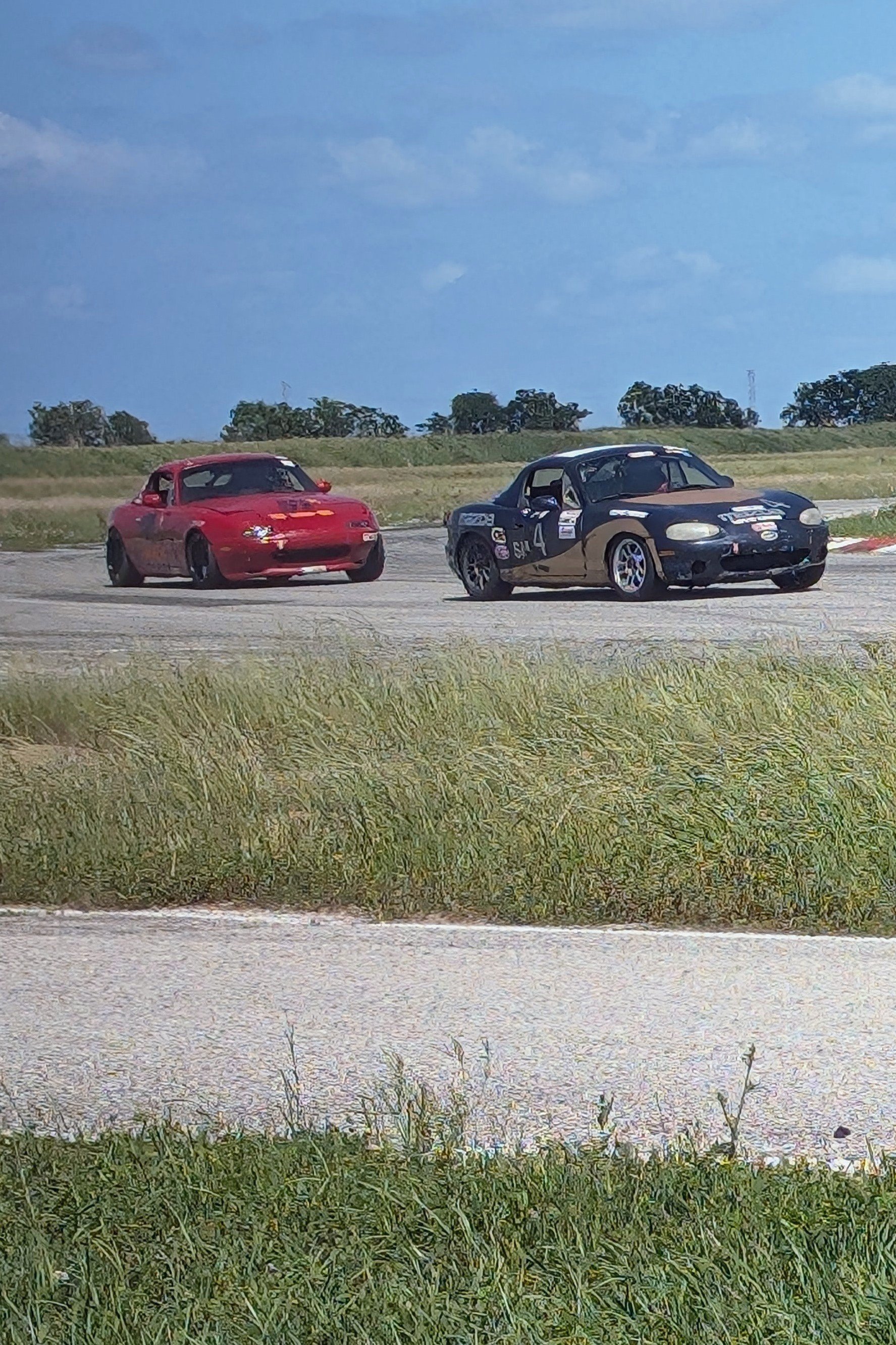 Two race cars, one red and one black with beige accents, are on a track, with the black car leading. The scene is set outdoors under a blue sky with some clouds, and there is grass and a gravel path in the foreground.