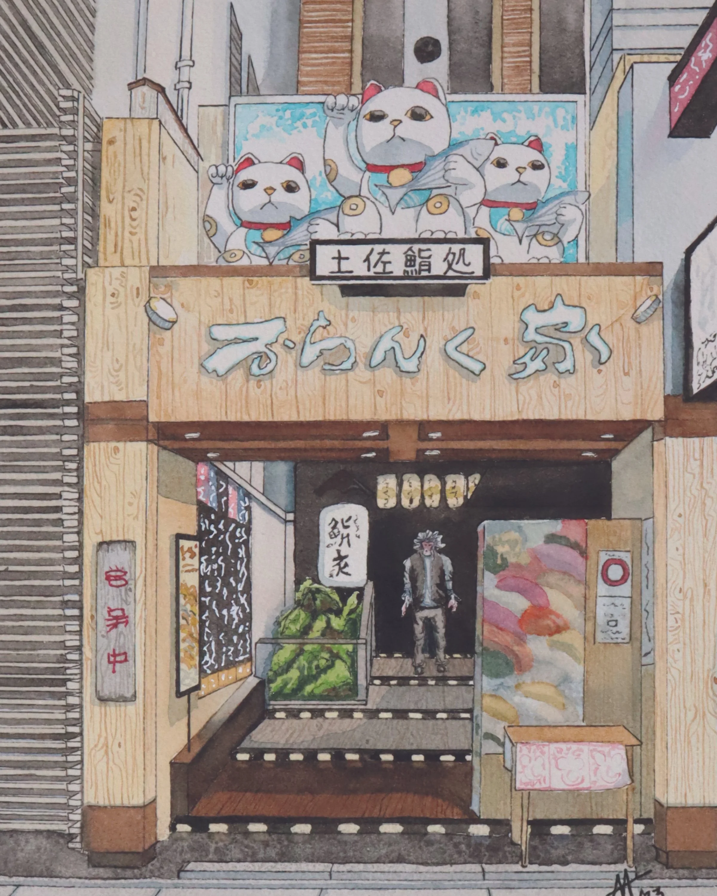A Maneki Neko Boy band in Osaka with a Japanese Macaque