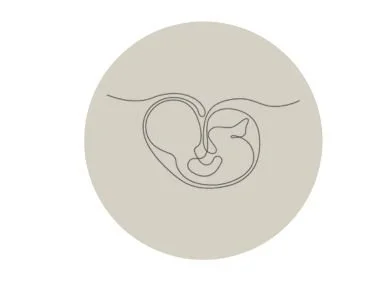 Minimal line drawing of a parent gently holding a baby on a beige circle background, representing postpartum therapy at Haven Wellness in Palm Desert