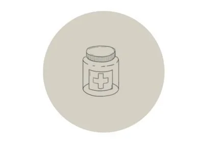 Minimal line drawing of a medicine bottle on a beige circle background, representing IVF and fertility support therapy at Haven Wellness in Palm Desert.”